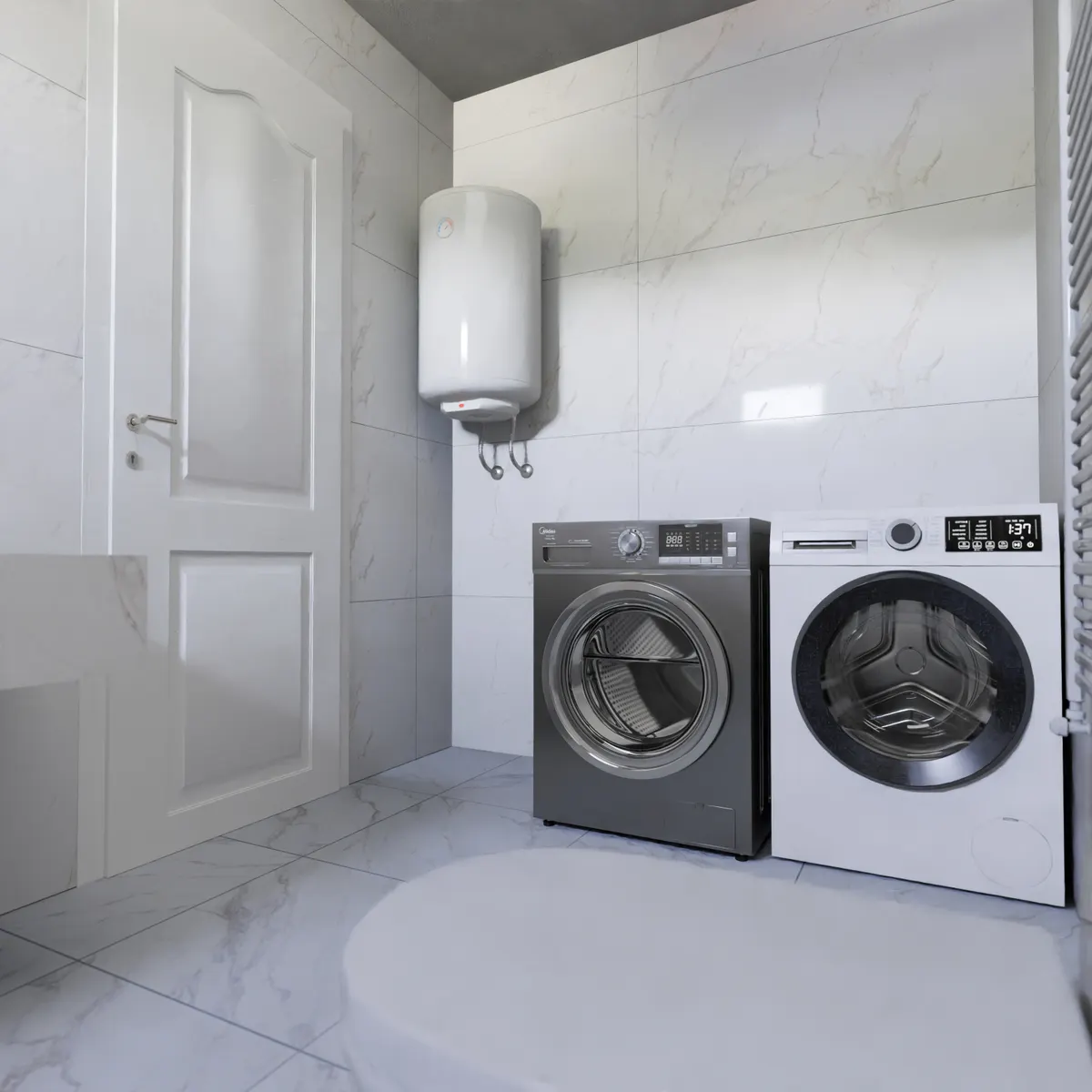 Buanderie avec lave-linge, sèche-linge et cumulus électrique fixé au mur